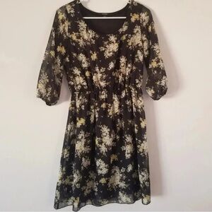 Espresso Black & Yellow Floral Long Sleeve Dress Size Small